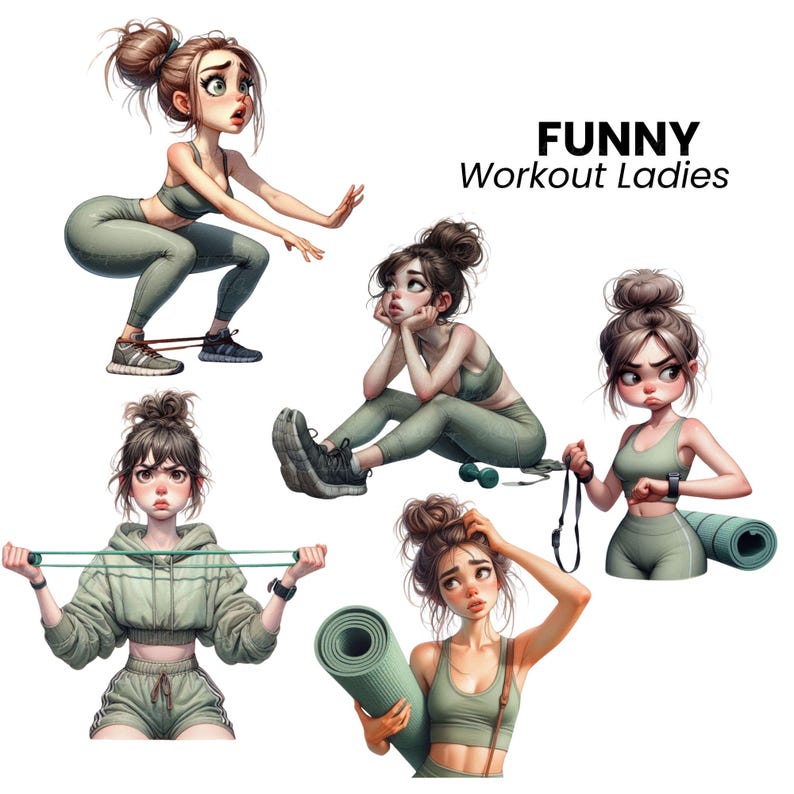 May include: Five cartoon women in green workout clothes are shown in various poses. One woman is doing squats with a resistance band, another is sitting with her chin on her hand, another is holding a yoga mat, another is holding a resistance band, and another is looking at a watch.