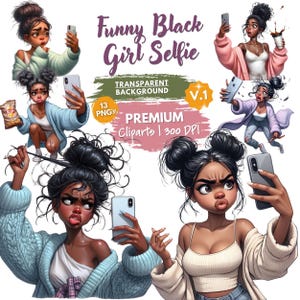 Paquete de imágenes prediseñadas divertidas de chicas negras haciéndose selfies, imágenes prediseñadas de mujeres negras con teléfono, paquete de personajes de chicas lindas, chicas de redes sociales, manualidades de papel imagen 2