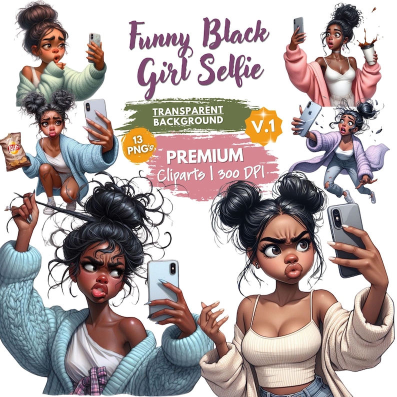 Paquete de imágenes prediseñadas divertidas de chicas negras haciéndose selfies, imágenes prediseñadas de mujeres negras con teléfono, paquete de personajes de chicas lindas, chicas de redes sociales, manualidades de papel imagen 2