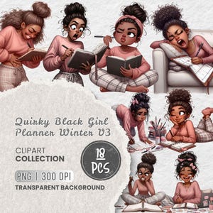 Pode incluir: Coleção de cliparts digitais com ilustrações de meninas negras em várias poses, escrevendo em cadernos e planejadores. As imagens são em estilo cartoon, com fundo transparente. A coleção inclui 18 peças.