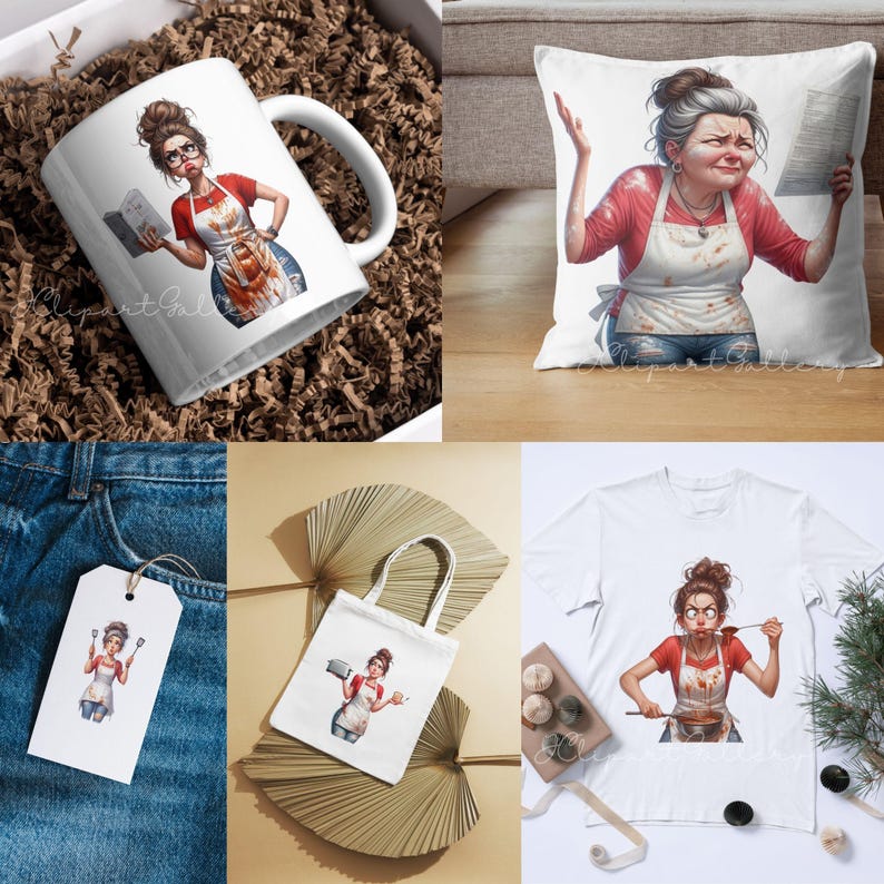May include: A collection of kitchen-themed products featuring a cartoon illustration of a woman in a red shirt and apron. Items include a white mug, a throw pillow, a tote bag, a tag, and a white t-shirt.
