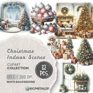 以下が含まれることがあります： クリスマスの屋内シーンのクリップアート画像23点のセットです。画像には、クリスマスツリー、プレゼント、リース、暖炉、オーナメントなど、さまざまなフェスティバル要素が描かれています。画像はすべて白い背景です。