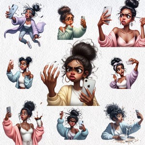 Puede incluir: Una ilustraci&oacute;n digital de nueve mujeres diferentes con piel morena y cabello casta&ntilde;o. Cada mujer se representa en una pose diferente, algunas se hacen selfies, otras se maquillan y una de ellas come cereales. Las mujeres llevan todas atuendos diferentes, incluyendo un su&eacute;ter rosa, un su&eacute;ter azul, un su&eacute;ter amarillo y una camisa blanca.
