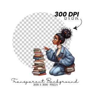 May include: A digital illustration of a young woman with brown skin and long, dark hair wearing a blue denim jacket and jeans. She is kneeling and pointing to a stack of books. The background is transparent.