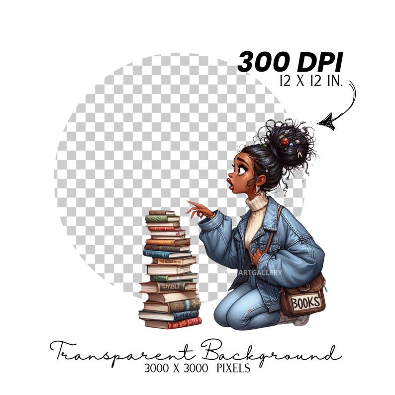 May include: A digital illustration of a young woman with brown skin and long, dark hair wearing a blue denim jacket and jeans. She is kneeling and pointing to a stack of books. The background is transparent.