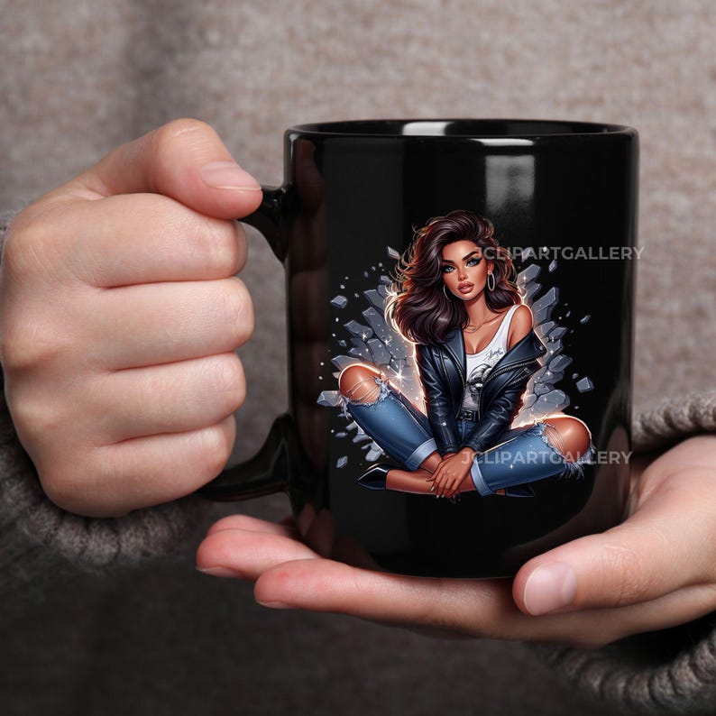 May include: Black ceramic mug with a graphic of a woman wearing a leather jacket and ripped jeans, sitting on a broken concrete background. The woman has long brown hair and is looking to the side.