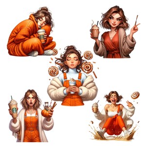 May include: Five illustrations of women in various poses, all wearing orange clothing and holding a beverage. The women are surrounded by cinnamon sticks and fall-themed pastries.