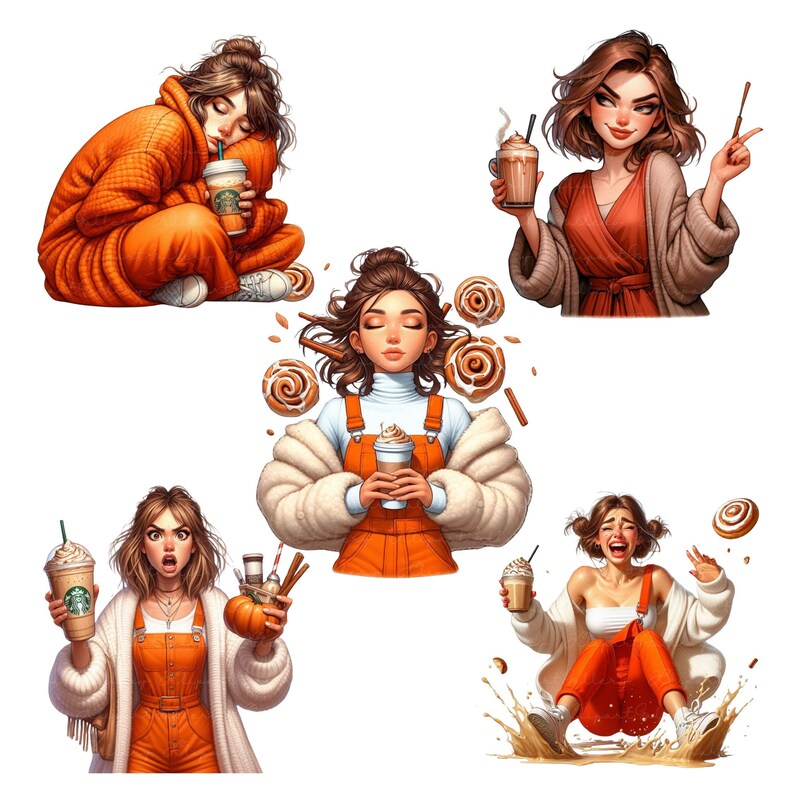 May include: Five illustrations of women in various poses, all wearing orange clothing and holding a beverage. The women are surrounded by cinnamon sticks and fall-themed pastries.