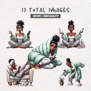 May include: Digital illustration featuring a woman in various self-care scenarios. The images show her meditating, wrapped in a blanket, using skincare products, relaxing on a couch, and watering a plant. Text at the top reads "17 TOTAL IMAGES 300 DPI | HIGH QUALITY."