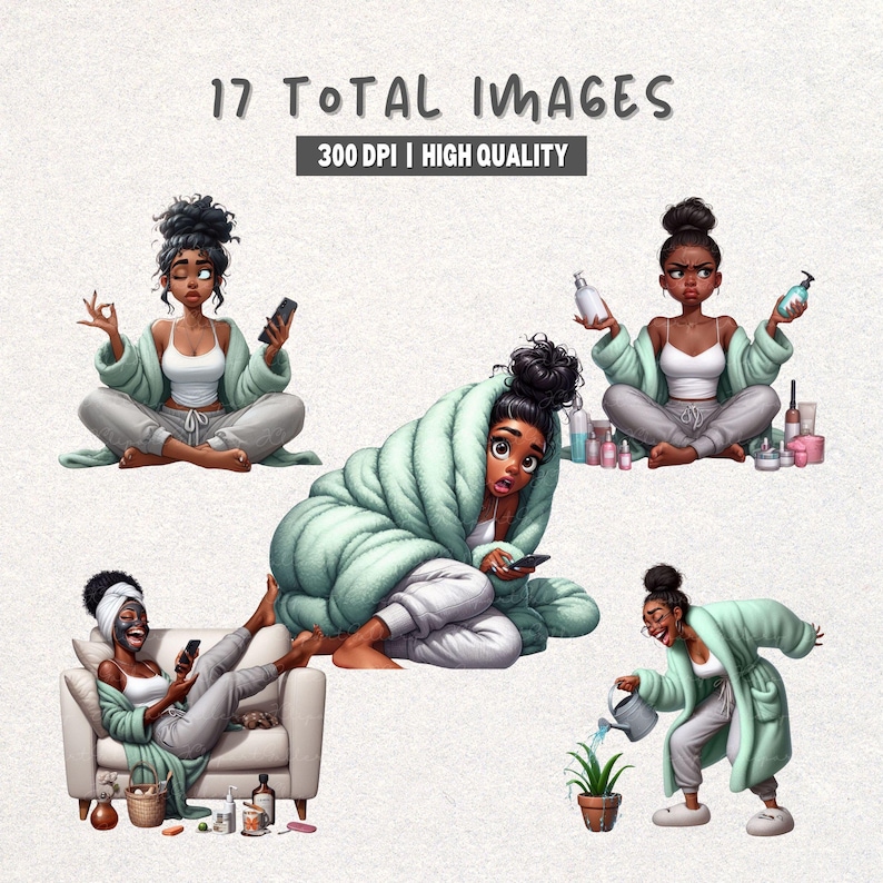 May include: Digital illustration featuring a woman in various self-care scenarios. The images show her meditating, wrapped in a blanket, using skincare products, relaxing on a couch, and watering a plant. Text at the top reads "17 TOTAL IMAGES 300 DPI | HIGH QUALITY."