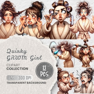Grwm Girl Clipart Bundle PNG, Quirky Makeup & Hair Routine Illustration, Funny Self-Care Character, Quirky Girl Clipart, Sublimation, Craft