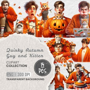 Peut inclure: Une collection de 14 illustrations numériques d'automne originales mettant en scène un homme et un chaton. Les illustrations comprennent un homme portant un pull orange avec un chaton sur l'épaule, un homme tenant une citrouille avec un chaton sur ses genoux, un homme avec un chaton sur la tête et un homme avec un chaton sur l'épaule. Les illustrations sont au format PNG et ont un fond transparent.