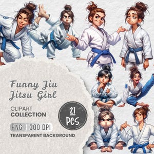 Puede incluir: Una colección de imágenes prediseñadas digitales con ilustraciones de dibujos animados de una niña con un gi de jiu-jitsu blanco y cinturón azul, mostrando varias expresiones faciales y poses. El texto dice Funny Jiu Jitsu Girl, 21 PCS, PNG, 300 DPI.