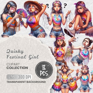 Könnte beinhalten: Eine digitale Clipart-Kollektion namens "Quirky Festival Girl" mit 12 PNG-Bildern mit transparentem Hintergrund. Die Illustrationen zeigen Mädchen in Batik-Tops und Jeansshorts mit verschiedenen Accessoires und Gesichtsausdrücken.