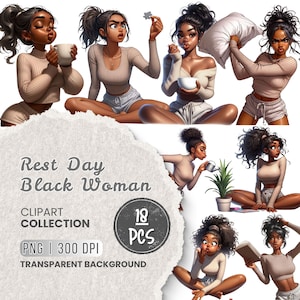 Rest Day Black Woman Clipart, Cozy Self Care Planner PNG, Relaxing Girl, Crafts, Projects, Sublimation designs