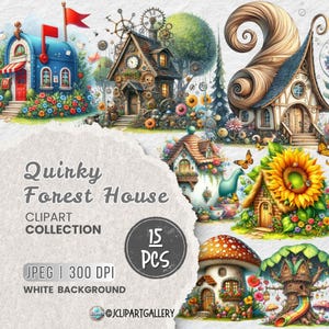 Whimsical Fairy House Clipart Bundle, Magical Treehouse, Fantasy Mushroom Cottage, Fairy Garden Art, Butterfly and Gnome Illustrations