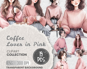 Coffee Lover Girl Clipart PNG Bundle, Aesthetic Watercolor Cozy Girl with Coffee, Cute Fashion Clipart for Junk Journal, Stationary