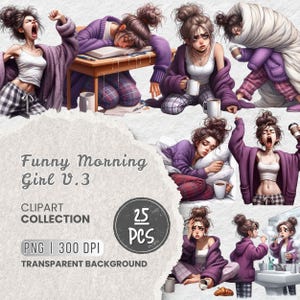 Quirky Morning Girl Png Clipart, Funny Morning Girl, Coffee Woman, Quirky Girl Clipart, Lazy Morning, Sleepy Girl, Scrapbooking, Sublimation
