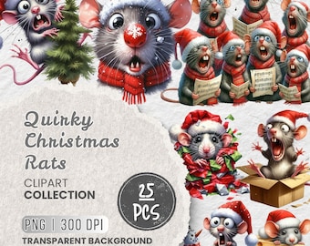 Aquarell-Weihnachtsmäuse-Clipart-Bundle, lustige Weihnachtsratten, festliche Tier-PNGs (digitaler Download)