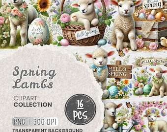Pacchetto di clipart PNG con agnello di primavera, simpatiche pecore floreali PNG con fiori, uova di Pasqua e ghirlande per progetti artigianali, disegni a sublimazione