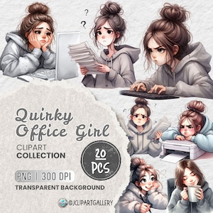 Quirky Office Girl Watercolor PNG Clipart Bundle, Cute Illustrations of Working Girl in Hoodie, Focused, Relaxed, and Fun Poses, Sublimation