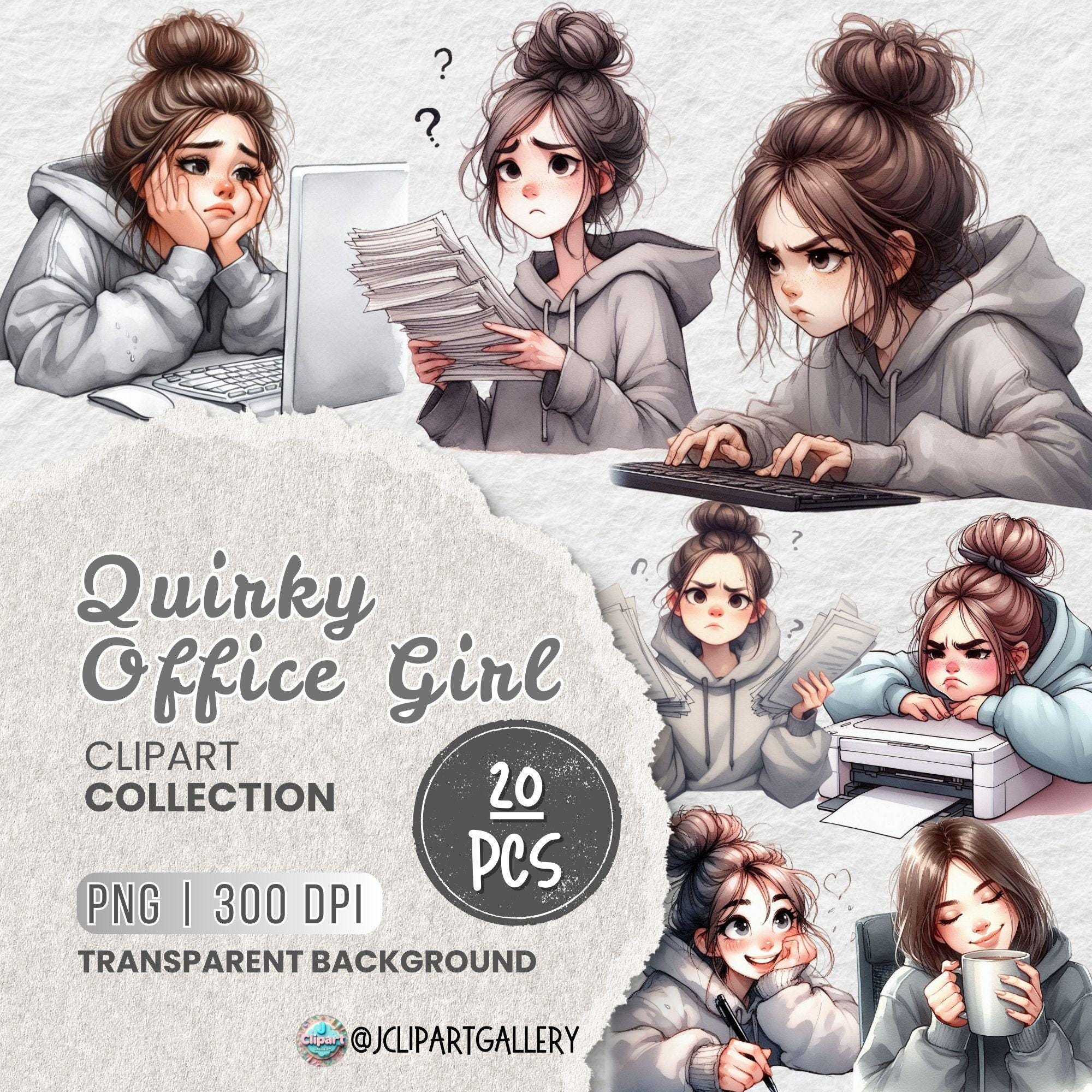 Quirky Office Girl Watercolor PNG Clipart Bundle, Cute Illustrations of Working Girl in Hoodie, Focused, Relaxed, and Fun Poses, Sublimation