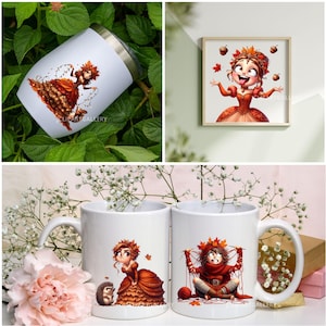 May include: A collection of fall-themed items featuring illustrations. Includes a white travel tumbler, a framed print, and two white ceramic mugs. The illustrations depict a cartoon woman in an autumn dress, a hedgehog, and a person knitting. The text "CLIPARTGALLERY" is visible.