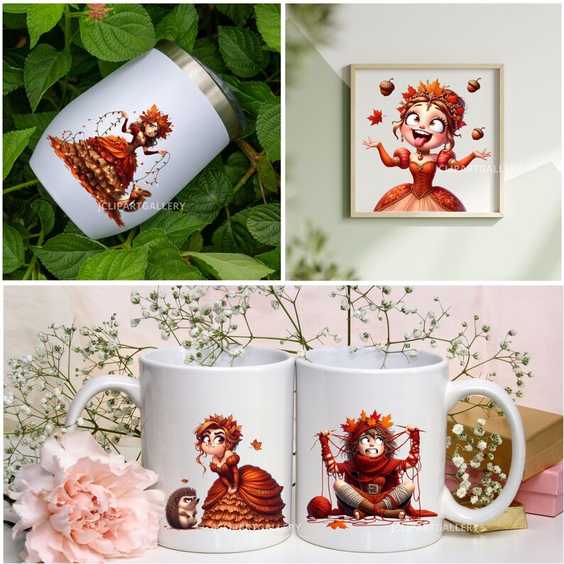 May include: A collection of fall-themed items featuring illustrations. Includes a white travel tumbler, a framed print, and two white ceramic mugs. The illustrations depict a cartoon woman in an autumn dress, a hedgehog, and a person knitting. The text "CLIPARTGALLERY" is visible.
