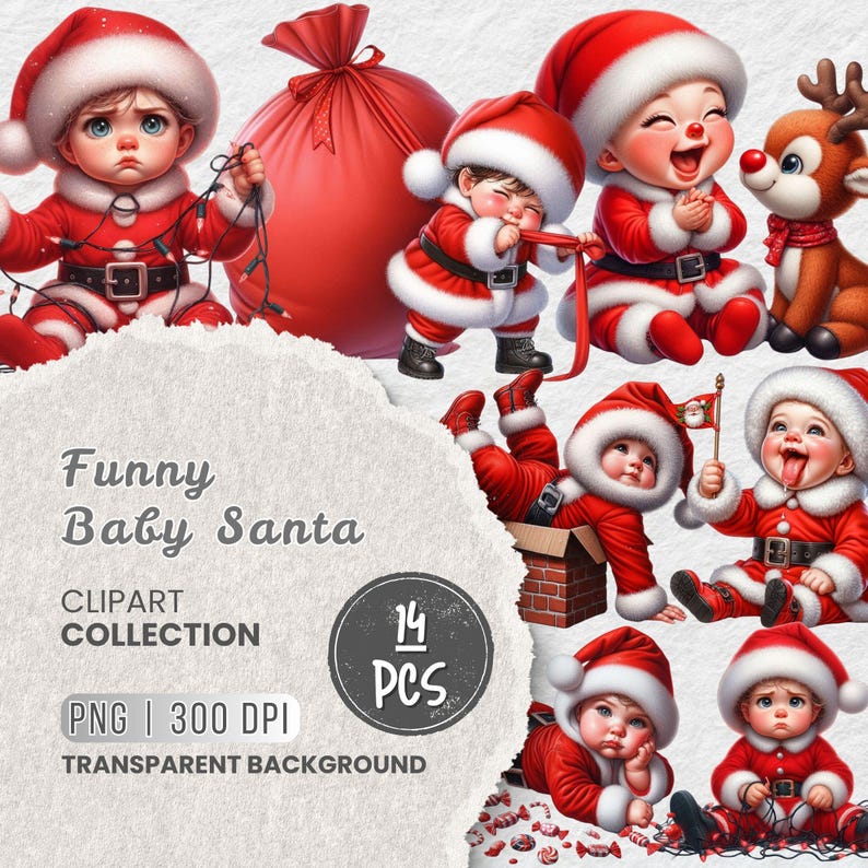 May include: A digital clipart collection featuring multiple images of babies dressed as Santa Claus. The babies are wearing red suits and hats, with some holding Christmas lights and a flag. The text "Funny Baby Santa" is displayed.