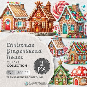 12 Christmas Gingerbread House Clipart PNG Bundle, Wydrukowalne akwarelowe cliparty, Wysokiej jakości PNG z przezroczystym tłem, Junk Journal