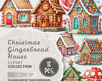 12 Christmas Gingerbread House Clipart PNG Bundle, Printable Watercolor Clipart, High Quality PNG with Transparent background, Junk Journal