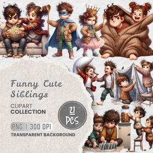 Puede incluir: Un conjunto de 21 ilustraciones digitales de hermanos en varias poses divertidas y lindas. Las ilustraciones están en formato PNG con fondo transparente y 300 DPI. Las ilustraciones presentan niños con una variedad de atuendos, incluyendo un disfraz de superhéroe, una corona y un abrigo marrón. Las ilustraciones son perfectas para usar en scrapbooking, creación de tarjetas y otros proyectos creativos.