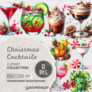 Zestaw świątecznych koktajli Clipart PNG, akwarelowe napoje Clipart, świąteczny bar z napojami PNG, natychmiastowe pobieranie, komercyjne wykorzystanie do rzemiosła