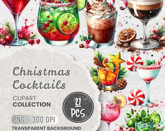 Christmas Cocktail Clipart PNG Bundle, Watercolor Festive Drinks (Instant Download)