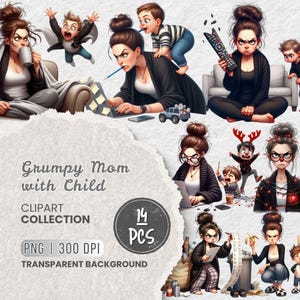 May include: A digital clipart collection of 14 illustrations featuring a grumpy mum with a child. The illustrations depict various scenarios of a mum's daily life with a child, including working on a laptop, watching TV, and dealing with a messy house. The illustrations are in a cartoon style and have a humorous tone.