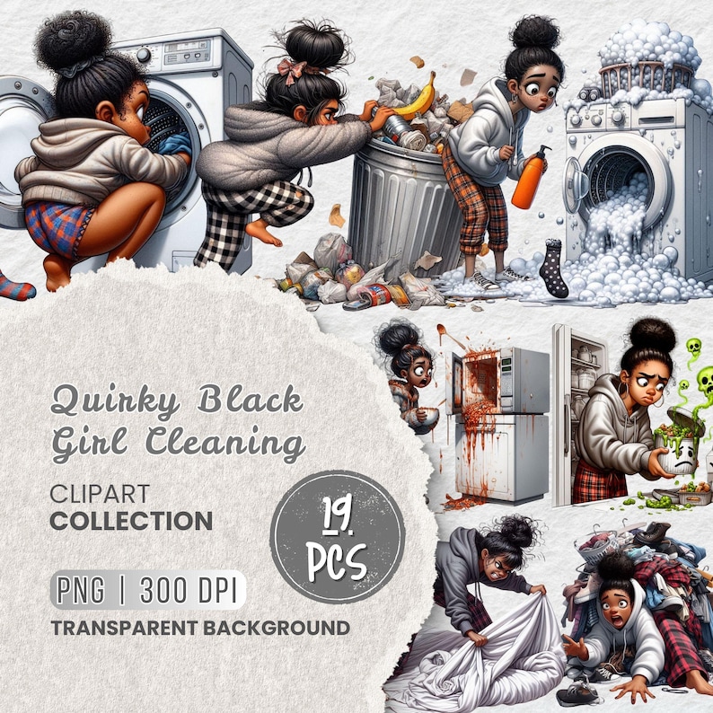 Quirky Black Girl Cleaning Time Clipart, Funny Cleaning Girl, House Chores Clipart, Lazy Girl Washing Dishes Vacuuming, Afro-American Girl image 1