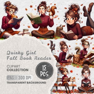 May include: Digital clipart collection featuring illustrations of a quirky girl reading books in the fall. The images include the text "Quirky Girl Fall Book Reader," "Clipart Collection," "PNG | 300 DPI," and "Transparent Background." The collection includes 15 pieces.