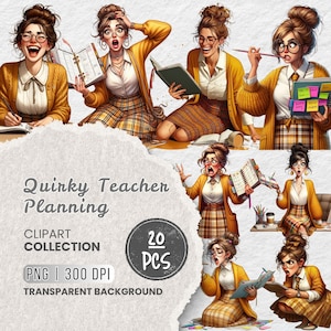 Puede incluir: Una colección de imágenes prediseñadas digitales titulada "Quirky Teacher Planning" con ilustraciones de una maestra en varias poses. Las imágenes muestran a la maestra con una rebeca amarilla, una falda a cuadros y gafas. La colección incluye 20 archivos PNG con fondo transparente.