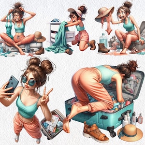 May include: A digital illustration depicts a woman packing a suitcase, surrounded by clothing and accessories. The woman is wearing a teal tank top and peach-colored pants. The scene conveys the theme of travel and preparation, with a sense of stress and disarray.