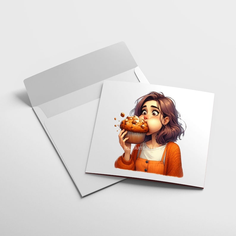 May include: A cartoon illustration of a person with brown hair biting into a large muffin with white frosting and chocolate chips. The person is wearing a bright orange dress and a brown sweater.