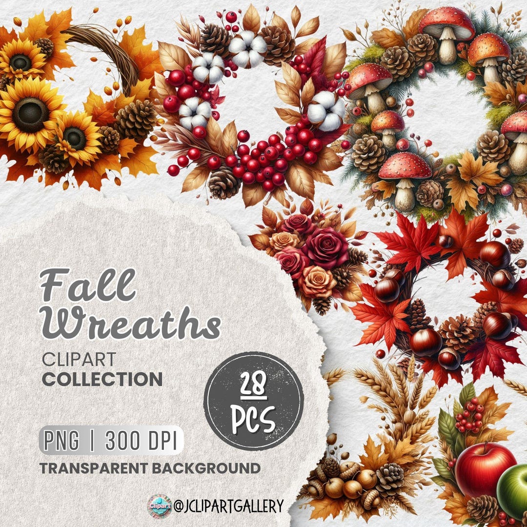 Door Hanging Autumn Wreath PNG Clipart Bundle, Fall Front Door Wreath ...