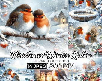 May include: A digital clipart collection of 14 images featuring winter robins in a snowy landscape. The images are in JPEG format and are 300 DPI. The collection includes images of robins perched on branches, flying in the air, and standing on snow-covered ground. The images are perfect for adding a touch of winter cheer to your crafts, cards, and other projects.
