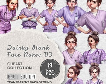 Paquete de imágenes prediseñadas de enfermera con cara de apestoso peculiar, enfermera divertida y atrevida, imágenes prediseñadas médicas, imágenes prediseñadas de doctor, pegatinas, sublimación, manualidades, proyectos