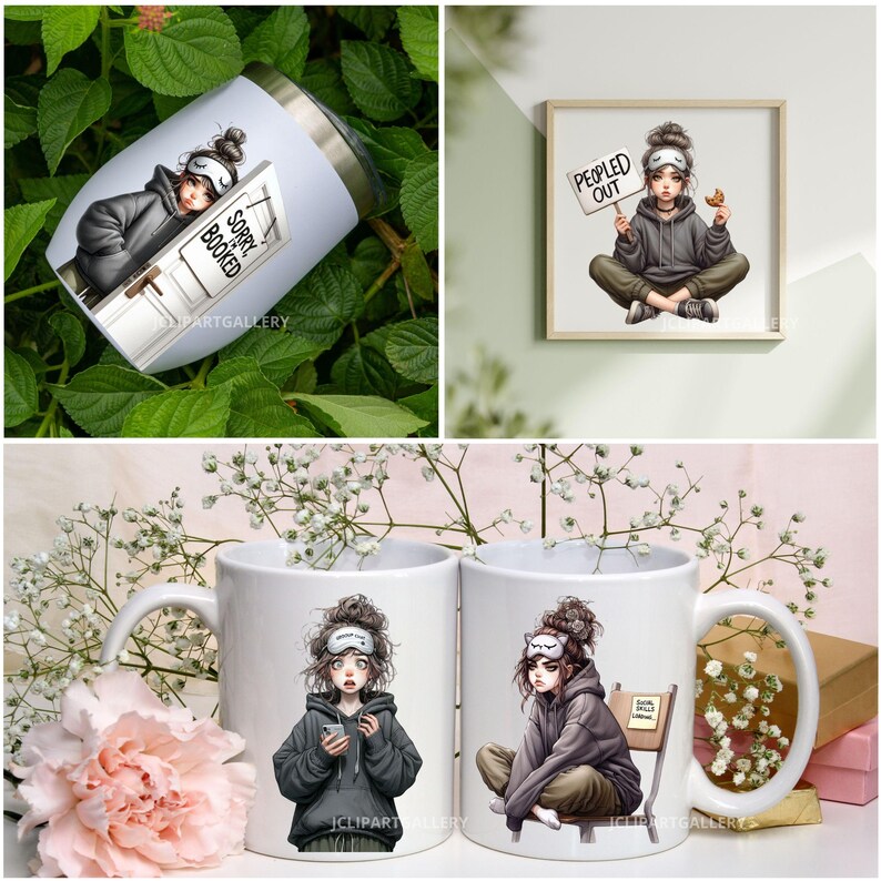 Puede incluir: Una colecci&oacute;n de art&iacute;culos con una ilustraci&oacute;n de dibujos animados de una persona con antifaz y sudadera con capucha. Incluye un vaso blanco con el texto "Sorry Booked", una impresi&oacute;n enmarcada con "Peopled Out" y dos tazas blancas.