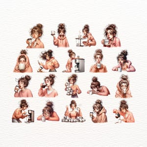 May include: A set of 18 digital illustrations featuring a woman with brown hair in various poses, drinking coffee, making coffee, and spilling coffee. The illustrations are in a cartoon style and have a pink and brown color scheme.