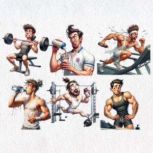 Puede incluir: Una ilustraci&oacute;n digital de seis hombres en varias poses en el gimnasio. Un hombre est&aacute; levantando pesas, otro est&aacute; bebiendo un batido de prote&iacute;nas, otro est&aacute; corriendo en una cinta de correr, otro est&aacute; levantando pesas, otro est&aacute; bebiendo agua y otro est&aacute; posando con los brazos cruzados.