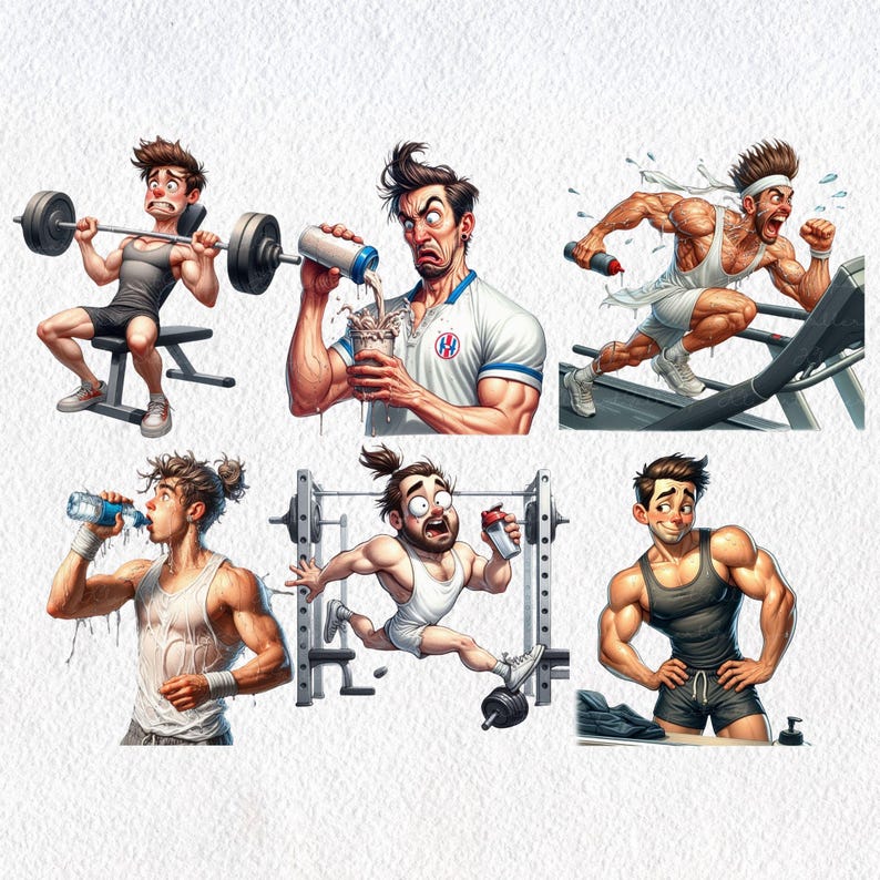 Puede incluir: Una ilustraci&oacute;n digital de seis hombres en varias poses en el gimnasio. Un hombre est&aacute; levantando pesas, otro est&aacute; bebiendo un batido de prote&iacute;nas, otro est&aacute; corriendo en una cinta de correr, otro est&aacute; levantando pesas, otro est&aacute; bebiendo agua y otro est&aacute; posando con los brazos cruzados.