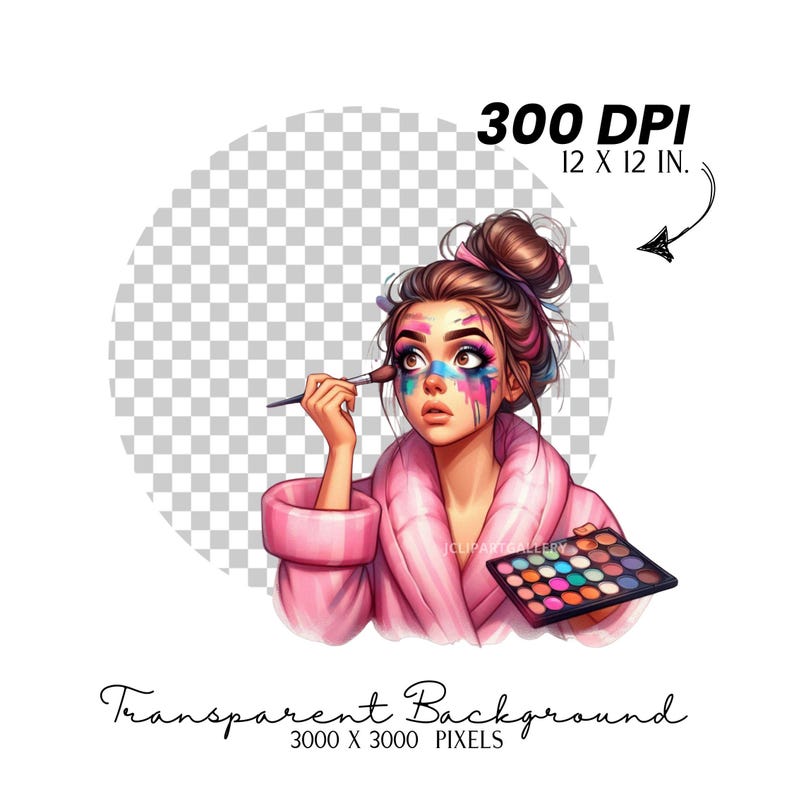 K&ouml;nnte beinhalten: Eine digitale Illustration einer Frau mit farbenfrohem Make-up im Gesicht, die einen rosa Morgenmantel tr&auml;gt und eine Make-up-Palette h&auml;lt. Der Hintergrund ist transparent.