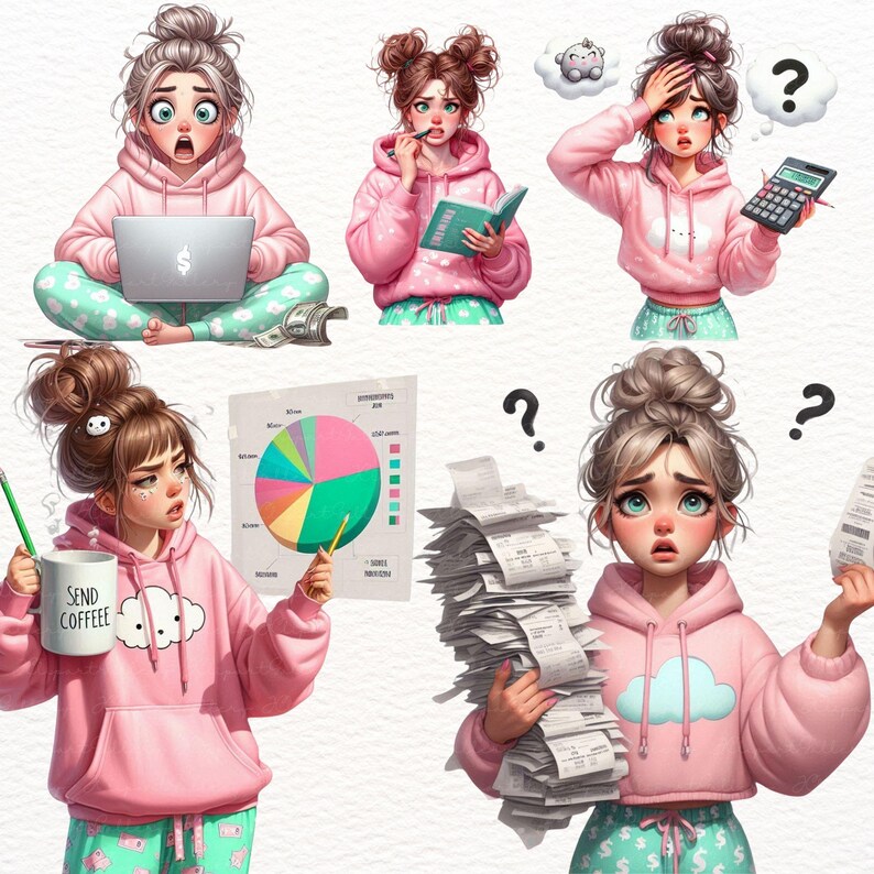 May include: Digital illustrations of a woman in a pink hoodie and pajama pants, expressing various emotions. She is shown with a laptop, a book, a calculator, a pie chart, a coffee mug, and a stack of receipts. The illustrations have a cartoon style.