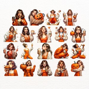 May include: A set of 20 digital stickers featuring cartoon women in orange and brown outfits with pumpkins, coffee cups, and other fall-themed imagery.